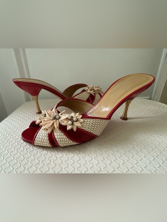 Shoes - Valentino Garavani Women’s Raffia Floral Slide Mules Red & Beige Size 37
